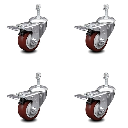 Service Caster 3.5 Inch Maroon Polyurethane Swivel 10mm Stem Caster Set Total Lock Brake SCC-TSTTL20S3514-PPUB-MRN-M1015-4
